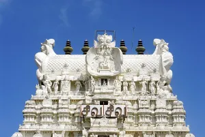 Western gopuram of richly decorated Ramanathswami temple