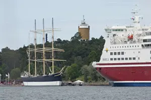 The western harbour of Marihamn in Aland with the tall ship Pommern