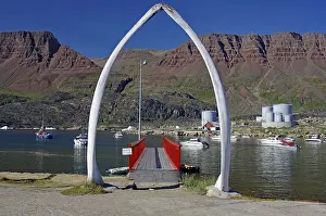 Whale bones form an archway over a jetty