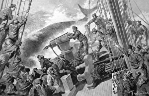 Whalers with a harpoon gun, historic wood engraving