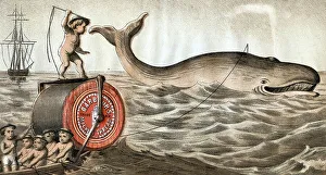 Whaling, whale hunt, whalers with a rowboat pursuing a whale