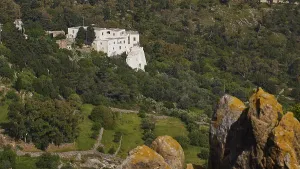 White building from a distance in a wooded landscape with rocks in the foreground