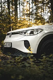 White car in the forest with golden sunlight through the trees