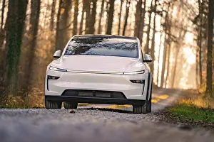 White car on a forest path, surrounded by trees in the sunlight