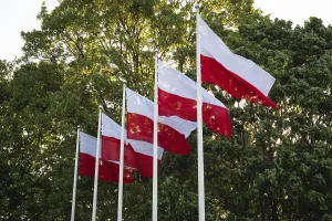 Framed Print : Five white and red flags flying on masts against the background of green trees Framed Print : Five white and red flags flying on masts against the background of green trees