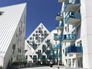 Category Scandinavia Prints: White residential complex with turquoise balconies against a blue sky