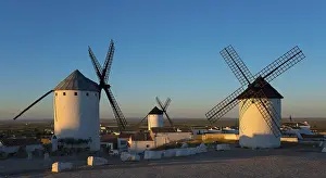 Three white windmills in a sunny landscape at sunrise in Spain