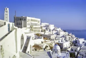 Whitewashed buildings around Hotel Atlantis, Fira, Santorini 1972 Santorini, Cyclades islands, Greece, Europe, 1972, Europe