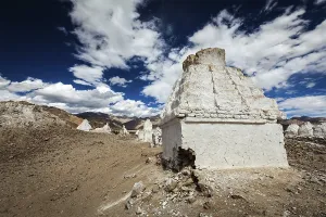 Whitewashed chortens (Tibetan Buddhist stupas)
