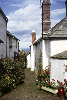 Whitewashed cottages, Clovelly, North Devon, England UK September 1968