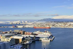 Category Scandinavia Prints: Wide bay with city and Hurtigruten dock