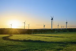Wide landscape with wind turbines and trees while the sun colours the sky