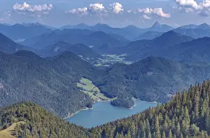 A wide panorama of mountains and valleys with extensive forests under a blue sky with clouds
