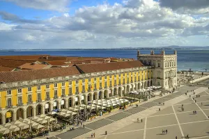 Wide shot of Commerce Square or Praca do Comercio in Lisbon