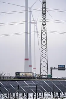 Wind farm in the fog, photovoltaic system