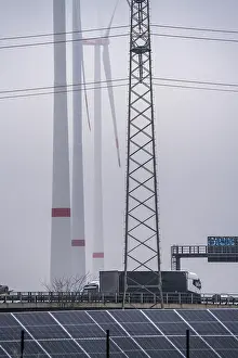 Wind farm in the fog, photovoltaic system