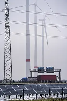 Wind farm in the fog, photovoltaic system