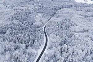 Winding road through snowy winter forest from the air