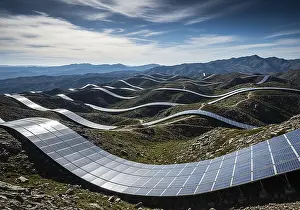 Winding rows of solar panels seamlessly integrated into a mountainous landscape under a dynamic sky