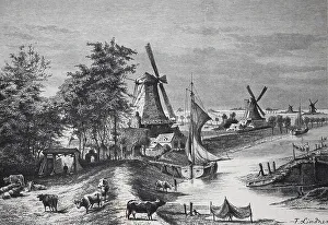 Windmills and boats by a river in an idyllic rural landscape with people and animals
