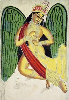 Winged apsara with a horn (recto), c
