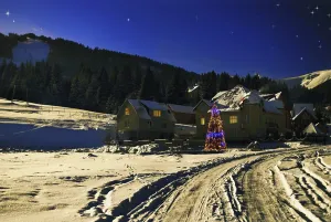 Winter camping in mountains, sunny frosty day
