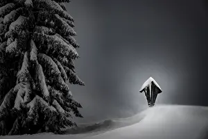 Winter forest with summit cross of the Burstkopf in a snowstorm against a dark sky