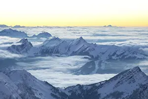 Winter landscape in the evening with views of Speer and Central Switzerland from Mount Saentis