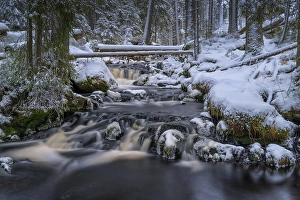 Winter landscape at Hammerbach, long-term exposure, Sumava National Park, Bohemian Forest, Czech Republic, Europe