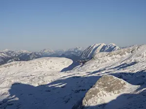 Winter landscape, mountain peaks in the evening light