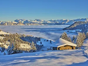 Winter Landscape, Snowy Alpine Hut at the Back of the Central Swiss Alps