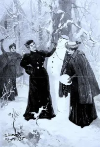 Winter Pleasures, Three Elegant Ladies Building a Snowman