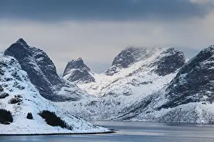 Category Mountain Landscapes Prints: Winter Scandinavian landscape by the fjord