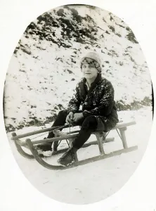 Winter sports, boy sledding, 1920s