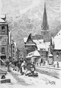 Winter street scene, stone street in the city centre