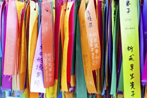 Wish ribbons in chinese buddhist temple, Malaysia