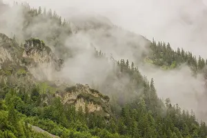 Wisps of mist cover the Karwendel mountains in the Grosser Ahornboden nature reserve
