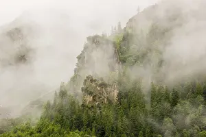 Wisps of mist cover the Karwendel mountains in the Grosser Ahornboden nature reserve