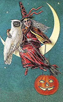 Witch sitting on the moon with a carved pumpkin or Jack-o-lantern