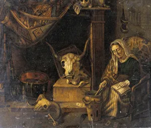 A witch, stirring a potion in a vessel while pointing to a passage in a book open on her lap
