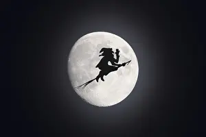 October 2021 Prints: Witch as weather vane, silhouette in front of full mooen