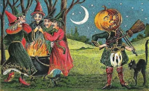 Witches at a cauldron with a fire
