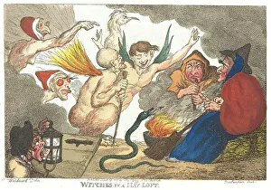 Witches in the haystack, witch meeting in a barn with various bizarre figures