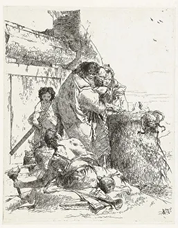Witches, three sorcerers burning a snake on an altar