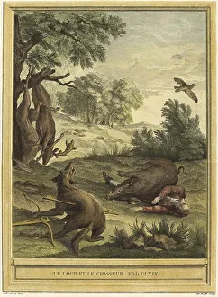 The Wolf and the Hunter, the wolf is hit by a crossbow arrow