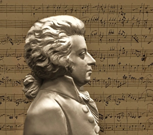 Wolfgang Amadeus Mozart, 1756 - 1791, composer of classical music, First Viennese School, notesheet from Minuet No. 2 for orchestra, KV 164, 1772, digitally edited after a figure by Posch