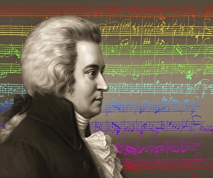 Wolfgang Amadeus Mozart, 1756 - 1791, composer of classical music, First Viennese School, notesheet from Minuet No. 2 for orchestra, KV 164, 1772, digitally edited