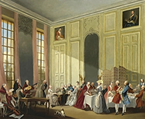 Wolfgang Amadeus Mozart at the age of 14 giving a concert in the Salon Des Quatre-Glaces Au Palais Dutemple at the Court of Prince De Conti, 1770, digitally edited after Ollivier