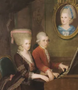 Wolfgang Amadeus Mozart with his sister Maria Anna Nannerl, c. 1780, digitally edited after a painting by Croce