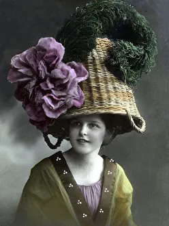 Woman with a basket as a hat, hat fashion